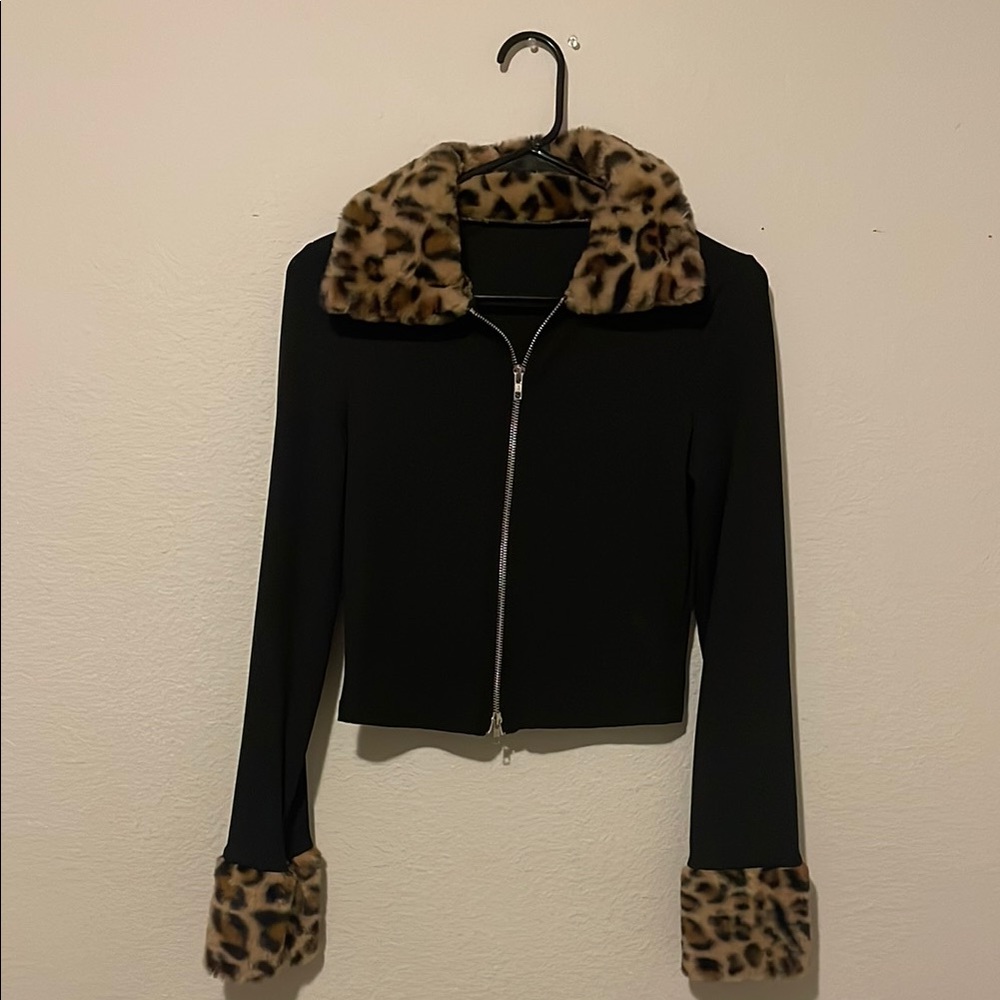 Black zip up Jacket with Plush Animal Print trim